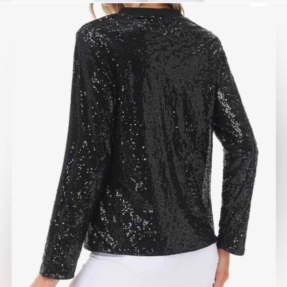 KANCY KOLE Women's Sequin Jacket Long Sleeve Button Down Shiny black - Picture 3 of 9